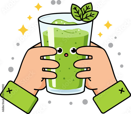 Hands Holding a Happy Green Smoothie Refreshing Healthy Drink