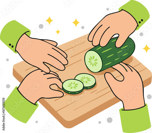 Multiple Hands Slicing Cucumber on Cutting Board Food Preparation