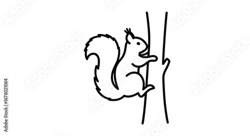 Simple black line art drawing of a squirrel with a bushy tail climbing a tree trunk.