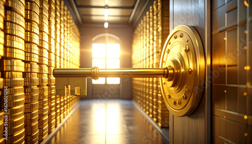 Golden key unlocking a secure bank vault filled with towering stacks of treasure coins, symbolizing financial success and opportunity