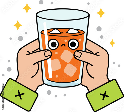 Hands Holding a Concerned Glass of Iced Juice Refreshing Drink
