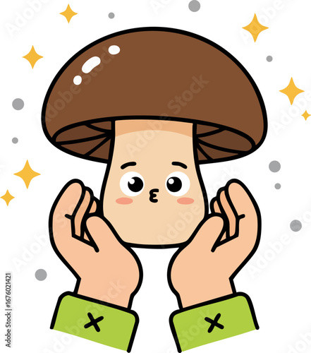 Hands Holding a Happy Smiling Mushroom Icon Natural Forest Forage