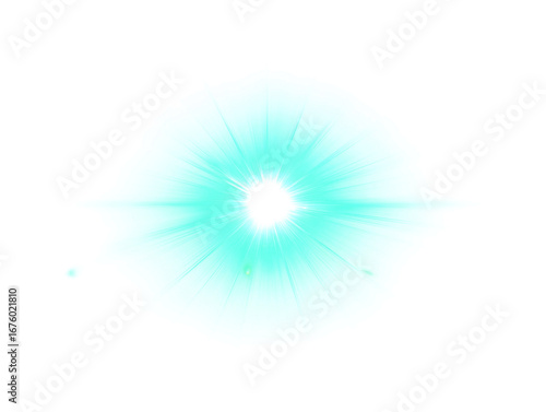 Vibrant cyan lens flare effect with radiating light rays on a transparent background