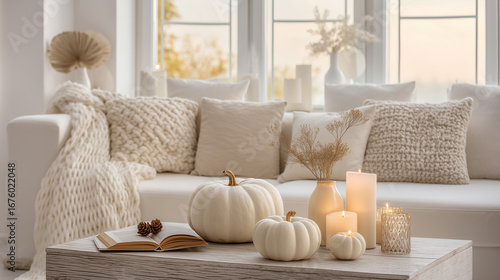 Elegant autumn home decor with white pumpkins candles and cozy knitted pillows in bright neutral living room
