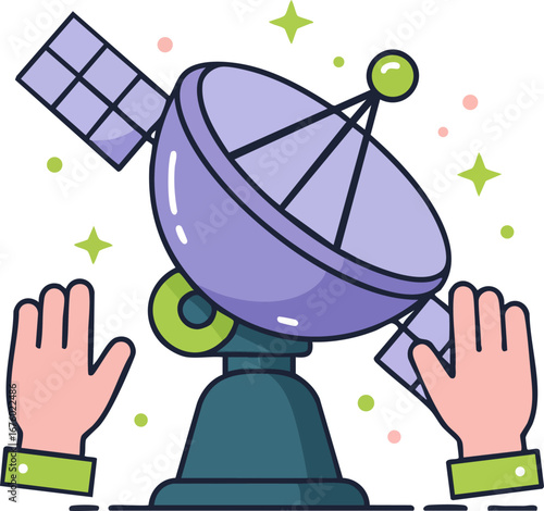 Satellite dish technology with hands representing global communication