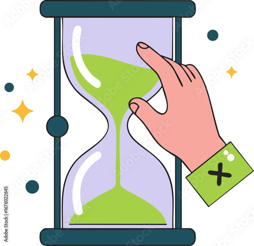 Hand touching an hourglass symbolizing time passing quickly