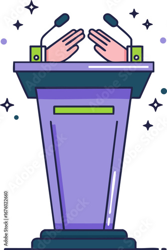 Podium with microphones and hands applauding for speakers