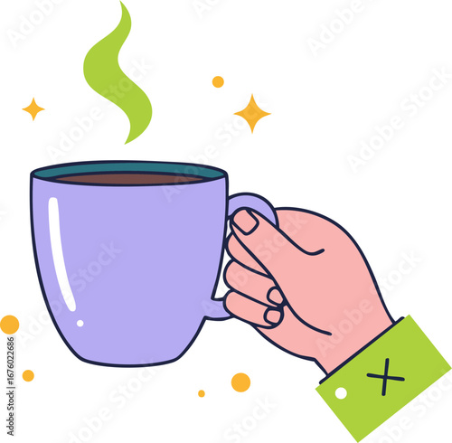 Hand holding a steaming coffee mug for a warm break