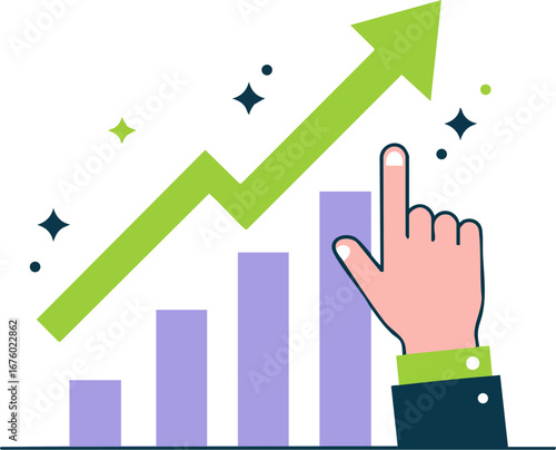 Hand pointing at a rising bar chart indicating business growth