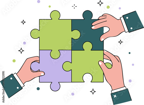 Hands assembling puzzle pieces for teamwork and collaboration