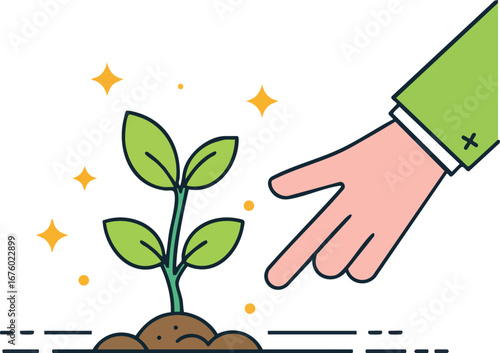 Hand pointing at a small green plant symbolizing growth