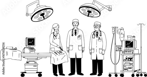 Team Doctors in the Operating Room - Black and White Illustration with Medical Theme, Vector Graphic