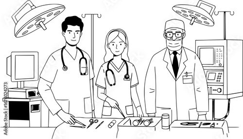 Team Doctors in the Operating Room - Black and White Illustration with Medical Theme, Vector Graphic