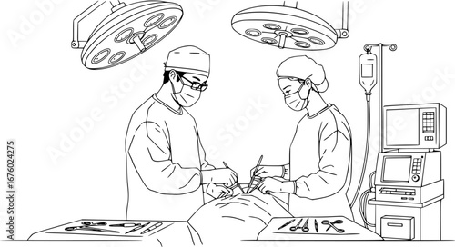 Team Doctors in the Operating Room - Black and White Illustration with Medical Theme, Vector Graphic