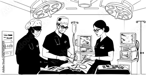Team Doctors in the Operating Room - Black and White Illustration with Medical Theme, Vector Graphic