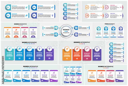 Collection of business infographic design template with options, steps or processes. Can be used for workflow layout, diagram, number options, web design	

