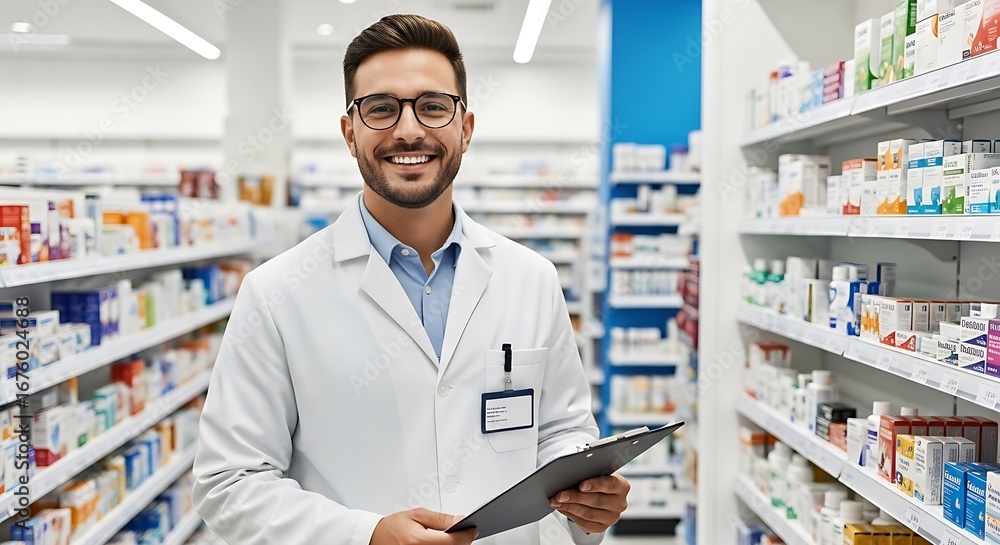 Fototapeta premium Smiling Pharmacist in Pharmacy Aisle Offering Expertise and Assurance with Medications on Shelves and Healthcare Products Promising Wellness Solutions for Customers Needing Assistance