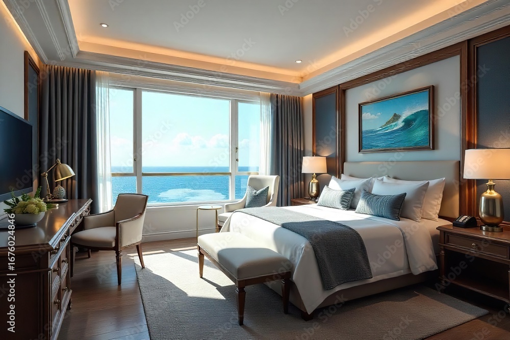 Fototapeta premium Luxurious nautical-themed hotel suite with ocean view, featuring nautical decor, plush furnishings, and large windows overlooking the sea Perfect for travel, vacation, and relaxation , anchor, decor