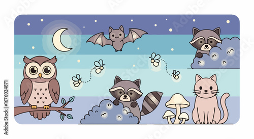 Cute cartoon nocturnal animals like an owl, bat, raccoons, and a cat under a starry night sky with fireflies