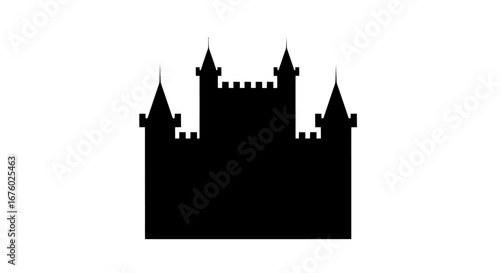 Black silhouette of a classic medieval castle with multiple pointed towers and battlements.
