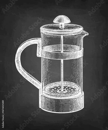 French press coffee brewer chalk sketch.