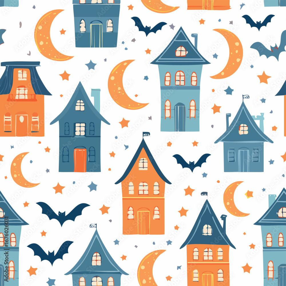 Fototapeta premium Seamless Halloween pattern with haunted houses, bats, and moons