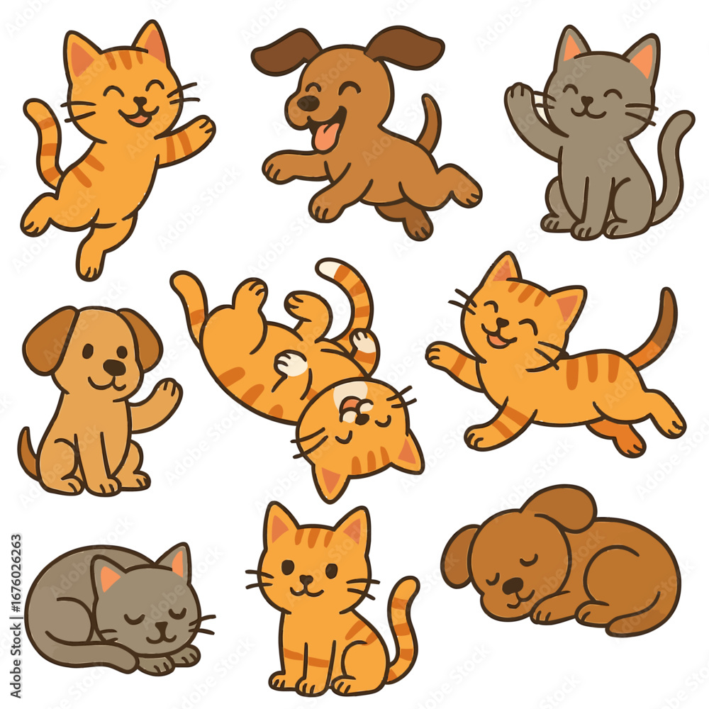 Fototapeta premium A vibrant celebration of furry fun—perfect for kids, families, and pet lovers. Cartoon dogs and cats in fun playful poses, vector illustration style, flat colors, clean outlines, seamless background