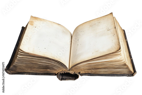 Antique open book with aged pages isolated on transparent background