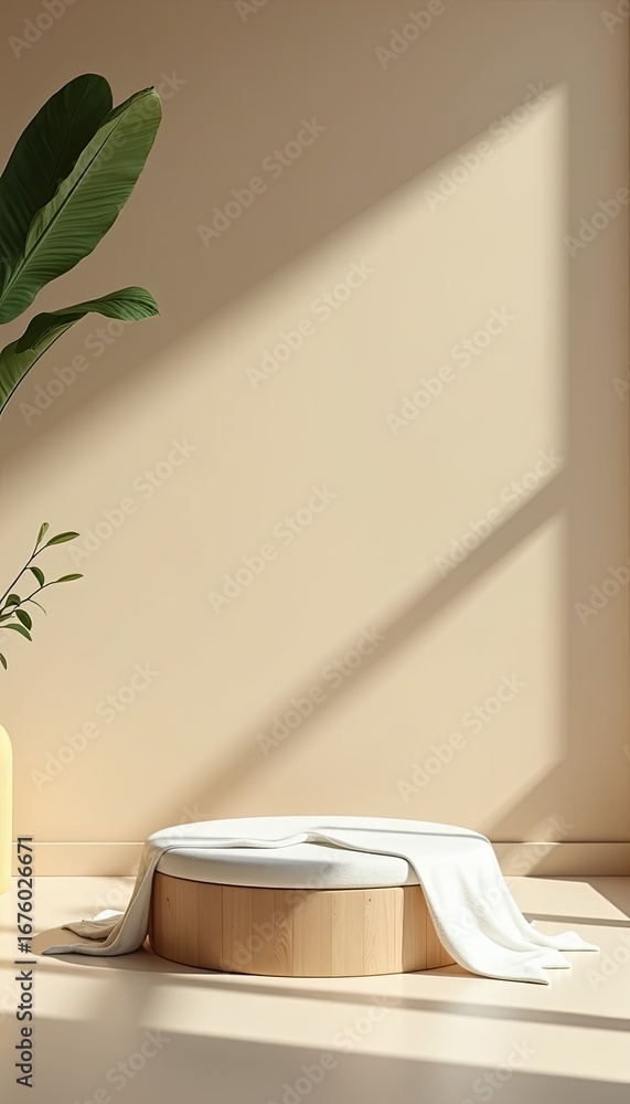 Fototapeta premium Minimalist wooden podium with draped white fabric, bathed in soft sunlight and shadows, creating a serene and elegant display for product presentation or interior design