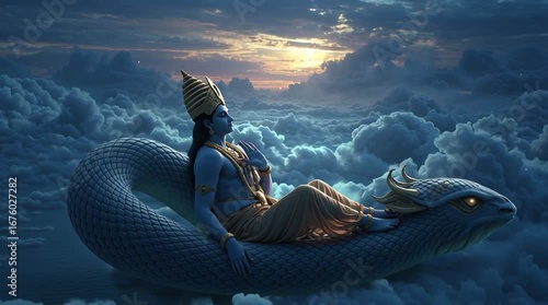Cinematic portrait of Lord Vishnu reclining on the cosmic serpent Shesha in the milky ocean, with Goddess Lakshmi at his feet, serene and celestial scene.
