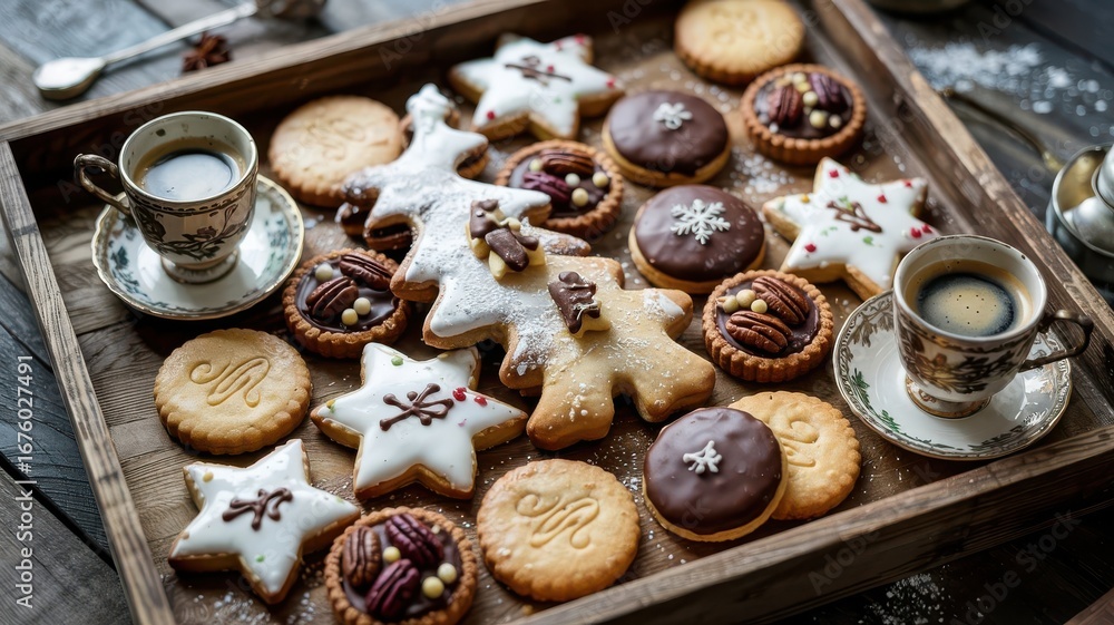Fototapeta premium Cookie assortment holiday display on wooden tray featuring decorated star cookies, chocolate-glazed treats, pecan tarts with powdered sugar dusting and coffee cups