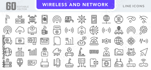 Wireless and network linear icon set. Connectivity, Wi-Fi, signals, communication, internet, data transfer, routers, devices, technology, online, vector outline icon set. UI thin line icon pack
