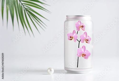 A can of refreshing drink under a palm branch, tropical motif