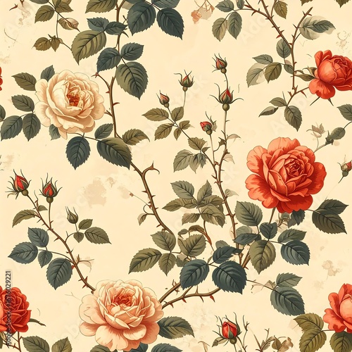Vintage Floral Seamless Pattern Peach and Orange Roses