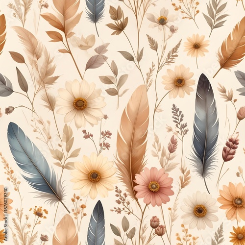 Watercolor Floral and Feather Seamless Pattern in Muted Autumnal Tones