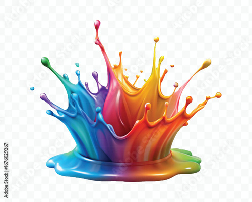 realistic 3d multi or rainbow color liquid paint splash isolated on transparent background