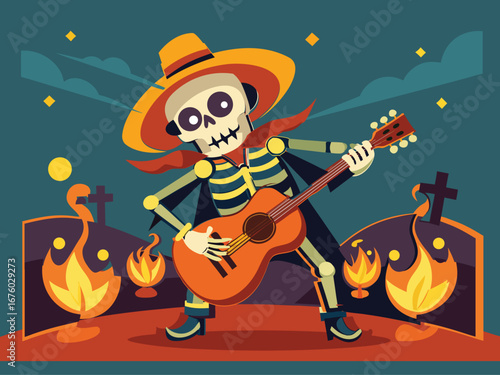 Dia de los Muertos Celebration Skeleton Guitarist in a Graveyard with Bonfires Under a Night Sky Honoring the Deceased