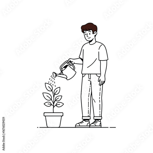 Man waters potted plant indoors, nurturing growth and bringing life to a simple home environment with care and dedication.