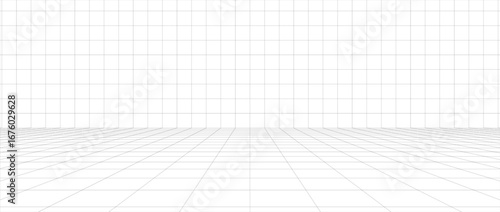 Abstract 3D perspective background with grid lines creating a virtual space effect, ideal for digital design, futuristic technology, and modern presentations.