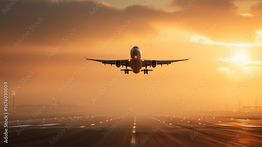 Fototapeta premium Commercial airplane taking off at sunrise golden sky dramatic clouds illuminated runway travel transportation aviation early morning dynamic inspiring mood