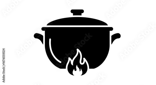 A solid black glyph icon of a cooking pot with a lid heating over an open flame.