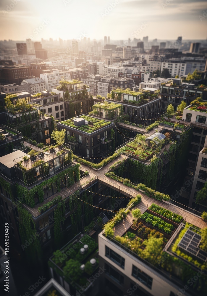 Fototapeta premium Urban greenery thrives in rooftop gardens across a modern city at sunset