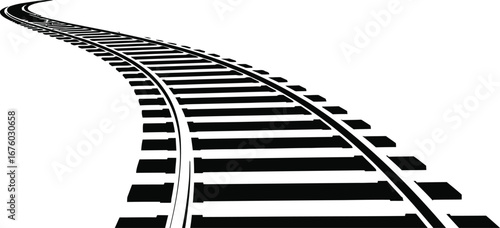 Curving railroad tracks receding into the distance, illustrating transportation and infrastructure isolated on white background