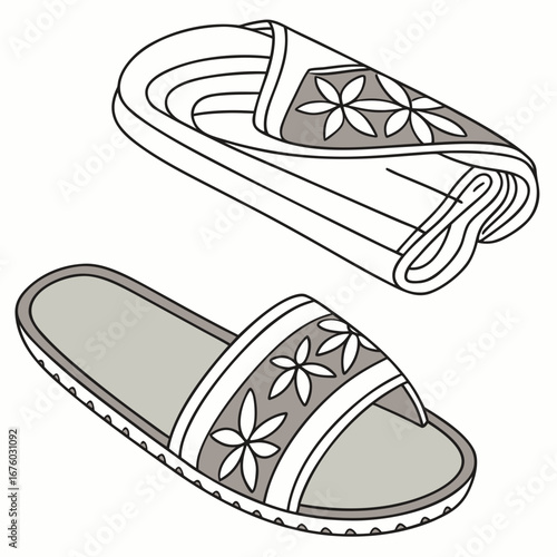 A pair of stylish grey and white slide sandals with a floral pattern on a white background