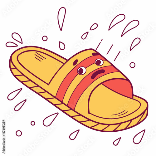 Cartoon flip flop with surprised expression and water splashes