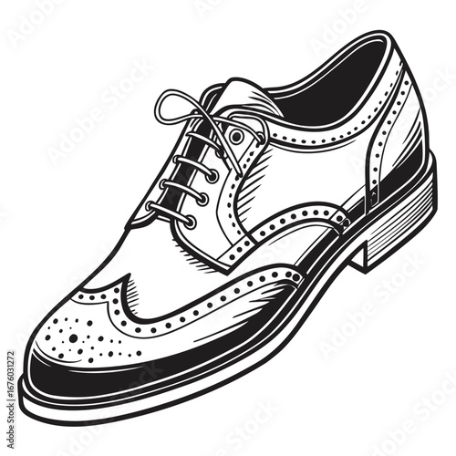 Classic wingtip oxford shoe in black and white line art style