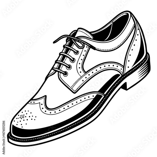 Classic wingtip oxford shoe with brogue detailing in black and white line art