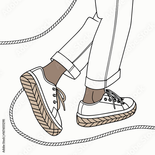 Close up of a person s legs and feet wearing white sneakers and rolled up pants jumping rope