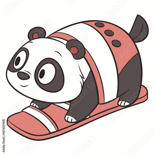 Cute cartoon panda character snowboarding down a slope with a happy expression