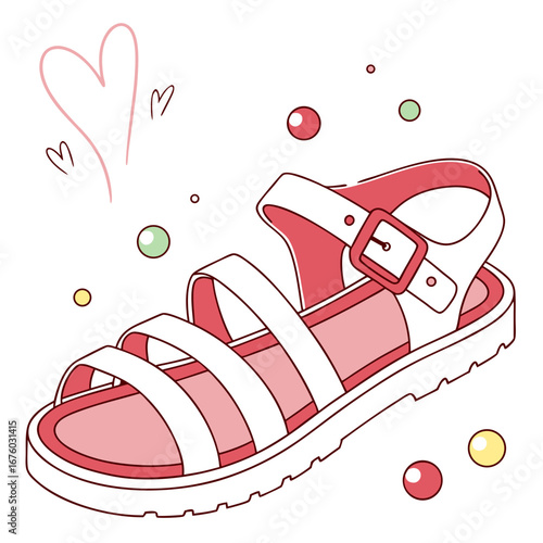 Cute pink and white sandal with heart and colorful dots illustration